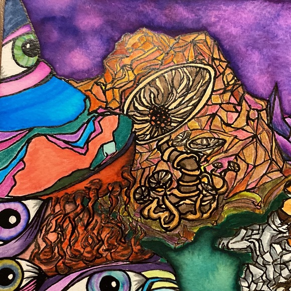 Unframed Original Art Surreal Watercolour Painting Mushrooms Eyes Waterscape - Picture 5 of 8